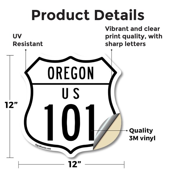 Signmission Oregon Route Marker Shield Sign Us 101, 12 Inch X 12 Inch, Vinyl Decal - SHI-D-12-427