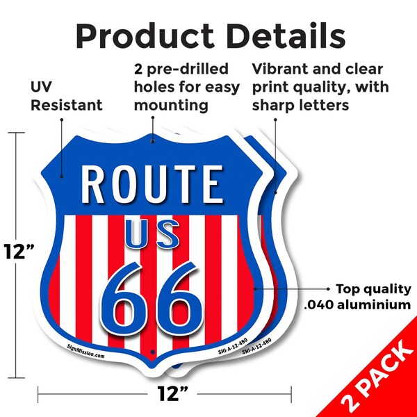 Signmission Route Us 66, 12 inch X 12 inch, Aluminum Metal Sign, 2PK - SHI-A-2PACK-12-480