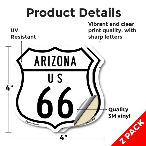 Signmission Arizona Route Marker Shield Sign Us 66, 4 inch X 4 inch, Vinyl Decal, 2PK - SHI-D-2PACK-4-360