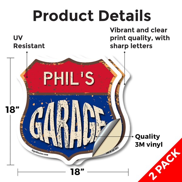 Signmission Phil's Garage, 18 inch X 18 inch, Vinyl Decal, 2PK - SHI-D-2PACK-18-383-PHIL