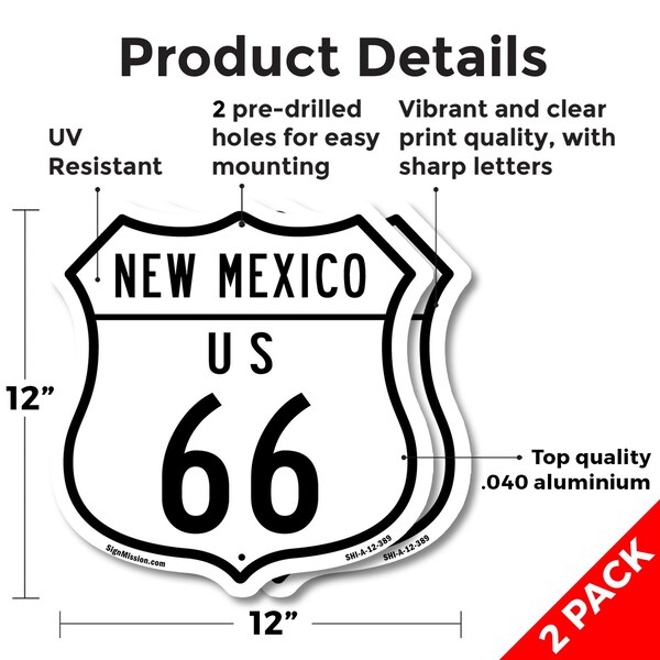 Signmission New Mexico Route Marker Shield Sign Us 6, 12 inch X 12 inch, Aluminum Metal Sign, 2PK - SHI-A-2PACK-12-389