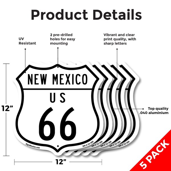Signmission New Mexico Route Marker Shield Sign Us 6, 12 inch X 12 inch, Aluminum Metal Sign, 5PK - SHI-A-5PACK-12-389