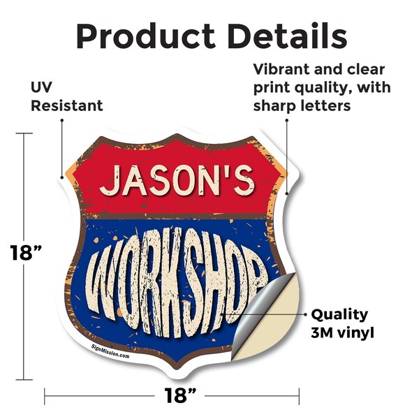 Signmission Jason's Workshop, 18 Inch X 18 Inch, Vinyl Decal - SHI-D-18-489-JASON