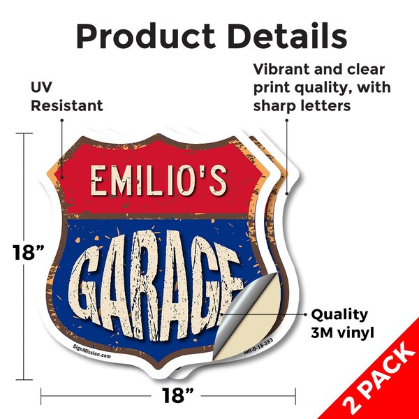 Signmission Emilio's Garage, 18 inch X 18 inch, Vinyl Decal, 2PK - SHI-D-2PACK-18-383-EMILIO