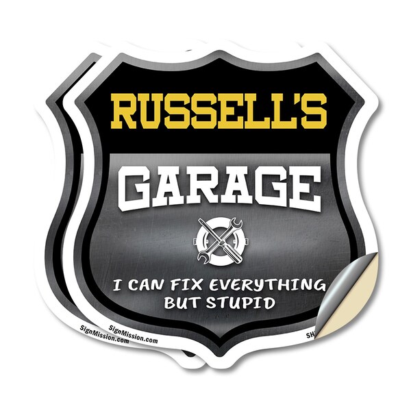 Signmission Russell's Garage I Can Fix Everything But Stupid, 12 inch X 12 inch, Vinyl Decal, 2PK - SHI-D-2PACK-12-490-RUSSELL