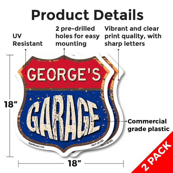Signmission George's Garage, 18 inch X 18 inch, Plastic Sign, 2PK - SHI-P-2PACK-18-383-GEORGE