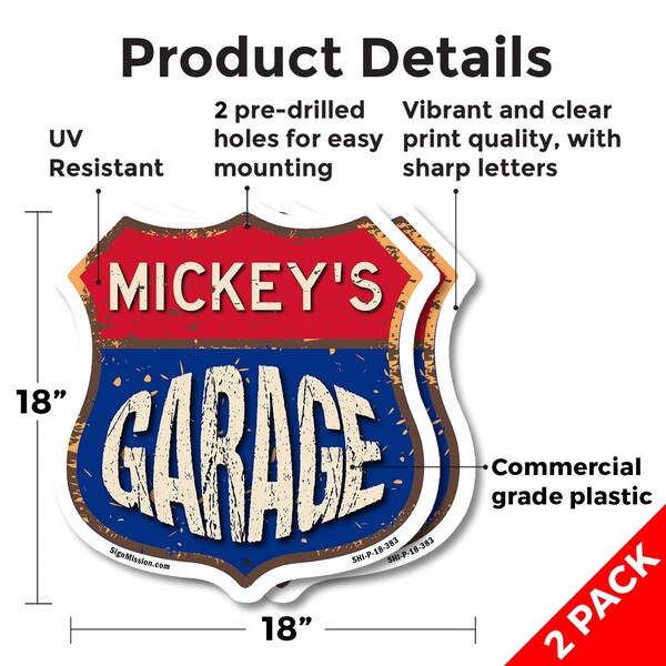 Signmission Mickey's Garage, 18 inch X 18 inch, Plastic Sign, 2PK - SHI-P-2PACK-18-383-MICKEY