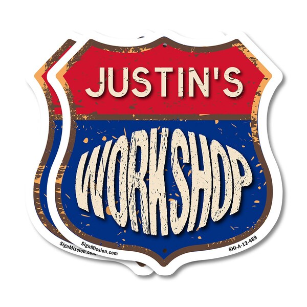 Signmission Justin's Workshop, 12 inch X 12 inch, Plastic Sign, 2PK - SHI-P-2PACK-12-489-JUSTIN