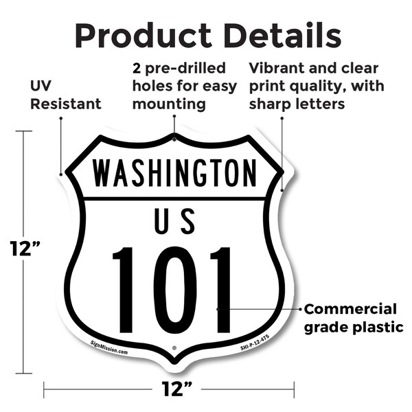 Signmission Washington Route Marker Shield Sign Us 1, 12 Inch X 12 Inch, Plastic Sign - SHI-P-12-475