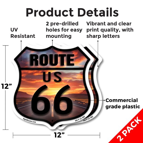 Signmission Route Us 66 Sunset, 12 inch X 12 inch, Plastic Sign, 2PK - SHI-P-2PACK-12-482