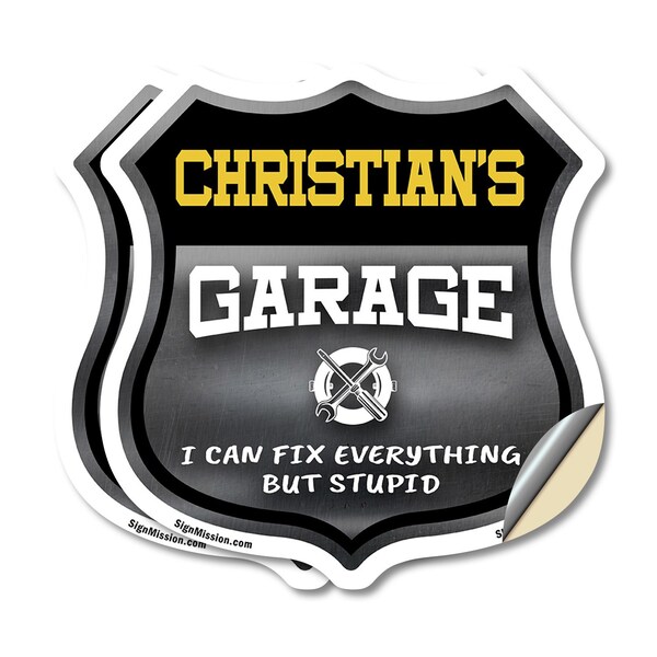 Signmission Christian's Garage I Can Fix Everything But Stupid, 4 inch X 4 inch, Vinyl Decal, 2PK - SHI-D-2PACK-4-490-CHRISTIAN