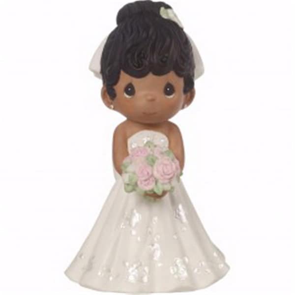 Precious Moments 5 in. Figurine Bride Wedding Cake Topper with Black Hair Dark Skin Tone, Bisque Porcelain - 171841