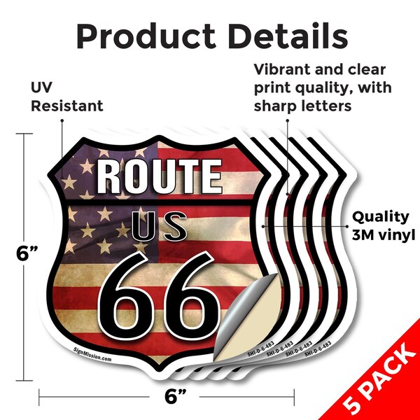 Signmission Route Us 66 Flag, 6 inch X 6 inch, Vinyl Decal, 5PK - SHI-D-5PACK-6-483