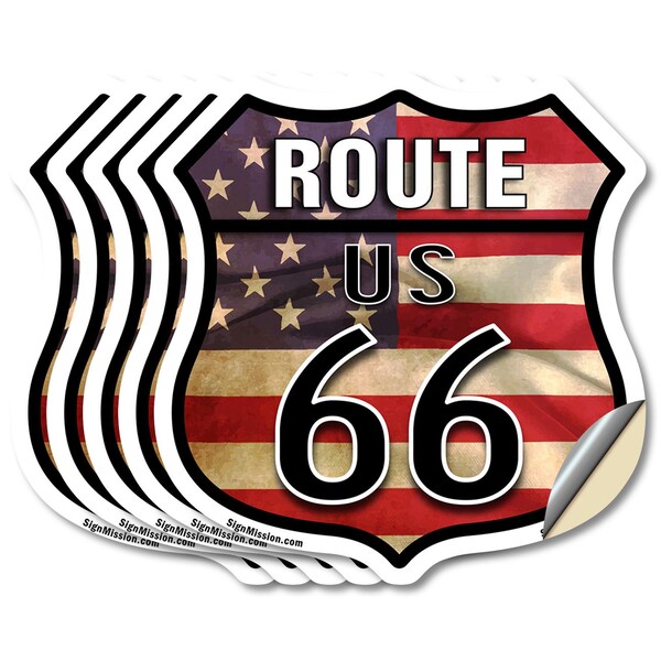 Signmission Route Us 66 Flag, 6 inch X 6 inch, Vinyl Decal, 5PK - SHI-D-5PACK-6-483