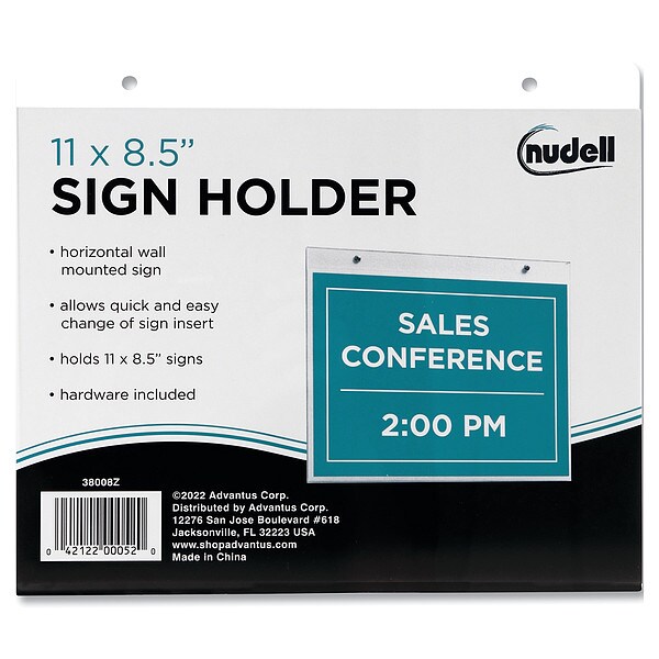Nudell Clear Plastic Horizontal-Orientation Wall Sign Holder with Mounting Screws, 11 x 8.5 Insert - 38008Z