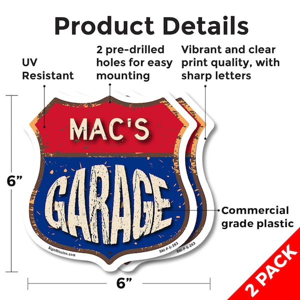 Signmission Mac's Garage, 6 inch X 6 inch, Plastic Sign, 2PK - SHI-P-2PACK-6-383-MAC