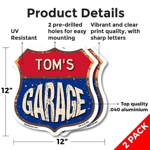 Signmission Tom's Garage, 12 inch X 12 inch, Aluminum Metal Sign, 2PK - SHI-A-2PACK-12-383-TOM