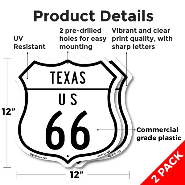 Signmission Texas Route Marker Shield Sign Us 66, 12 inch X 12 inch, Plastic Sign, 2PK - SHI-P-2PACK-12-466