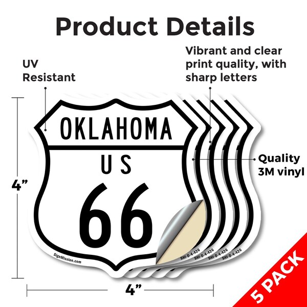 Signmission Oklahoma Route Marker Shield Sign Us 66, 4 inch X 4 inch, Vinyl Decal, 5PK - SHI-D-5PACK-4-426