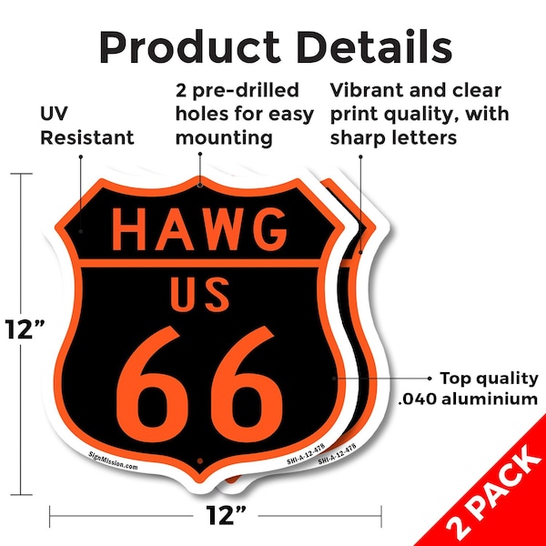 Signmission Hawg Us 66, 12 inch X 12 inch, Aluminum Metal Sign, 2PK - SHI-A-2PACK-12-478