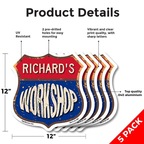 Signmission Richard's Workshop, 12 inch X 12 inch, Aluminum Metal Sign, 5PK - SHI-A-5PACK-12-489-RICHARD