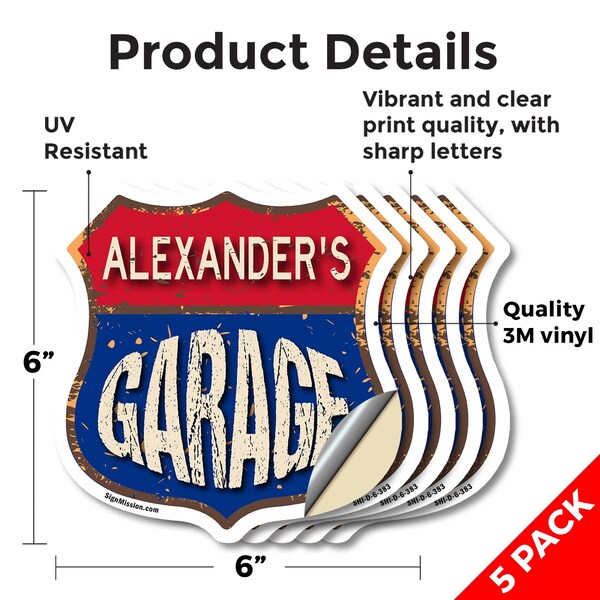 Signmission Alexander's Garage, 6 inch X 6 inch, Vinyl Decal, 5PK - SHI-D-5PACK-6-383-ALEXANDER