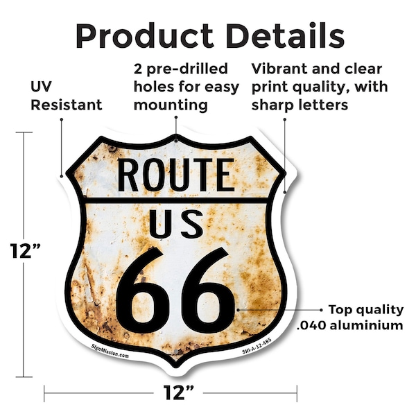 Signmission Route Us 66 Rustic, 12 Inch X 12 Inch, Aluminum Metal Sign - SHI-A-12-485