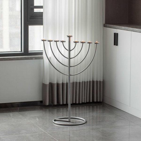 Vintiquewise Medium Modern Silver 9 Branch Lighting Thin Pipe Hanukkah Menorah, Metal-Aluminum - QI004118.SI.M