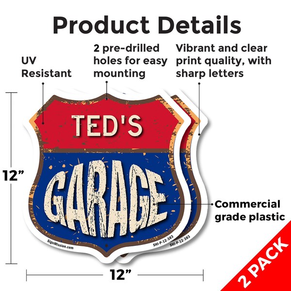 Signmission Ted's Garage, 12 inch X 12 inch, Plastic Sign, 2PK - SHI-P-2PACK-12-383-TED