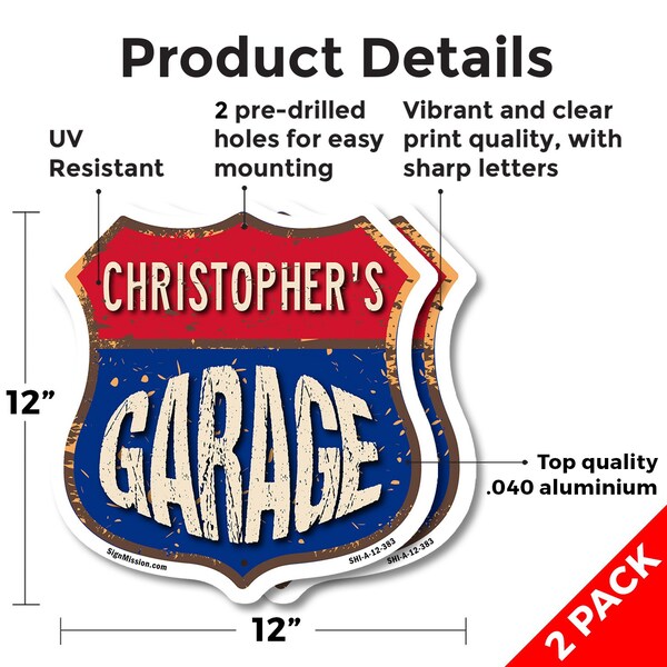 Signmission Christopher's Garage, 12 inch X 12 inch, Aluminum Metal Sign, 2PK - SHI-A-2PACK-12-383-CHRISTOPHER