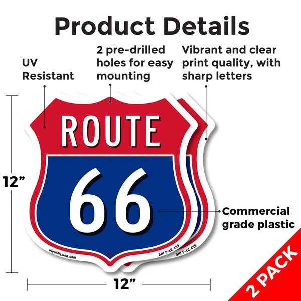 Signmission Route Marker Shield Sign Route 66, 12 inch X 12 inch, Plastic Sign, 2PK - SHI-P-2PACK-12-459