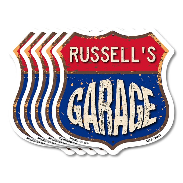 Signmission Russell's Garage, 12 inch X 12 inch, Aluminum Metal Sign, 5PK - SHI-A-5PACK-12-383-RUSSELL