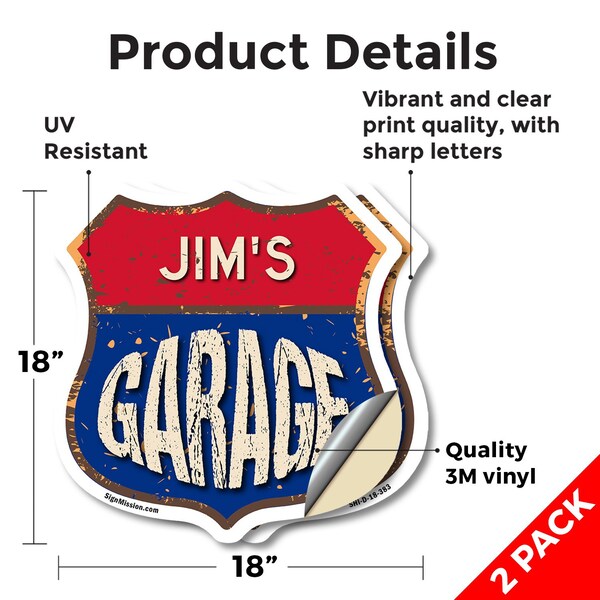 Signmission Jim's Garage, 18 inch X 18 inch, Vinyl Decal, 2PK - SHI-D-2PACK-18-383-JIM