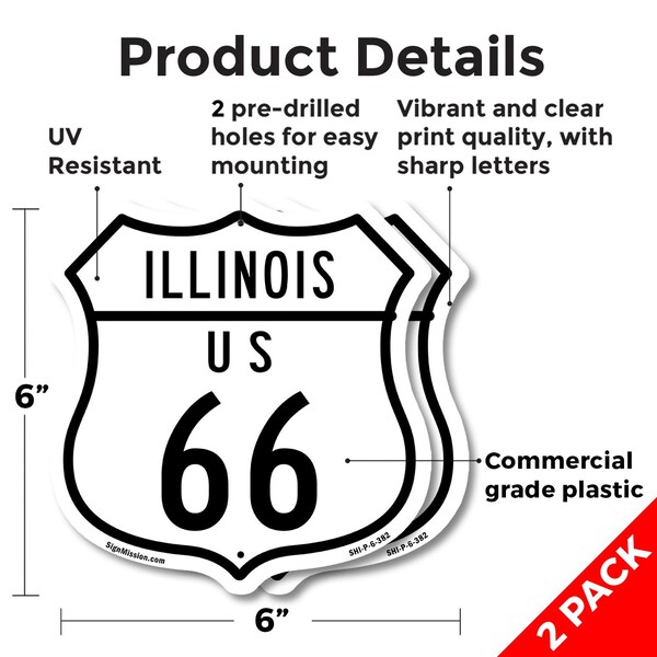 Signmission Illinois Route Marker Shield Sign Us 66, 6 inch X 6 inch, Plastic Sign, 2PK - SHI-P-2PACK-6-382