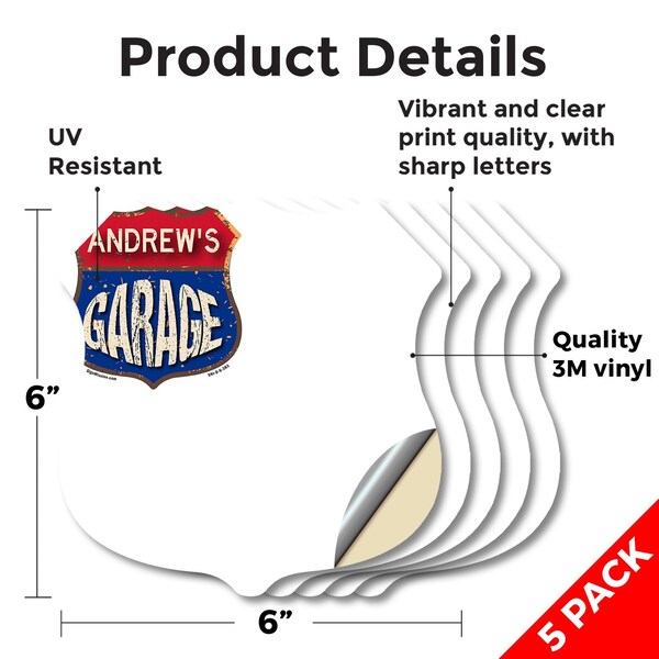 Signmission Andrew's Garage, 6 inch X 6 inch, Vinyl Decal, 5PK - SHI-D-5PACK-6-383-ANDREW