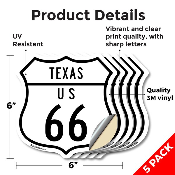 Signmission Texas Route Marker Shield Sign Us 66, 6 inch X 6 inch, Vinyl Decal, 5PK - SHI-D-5PACK-6-466