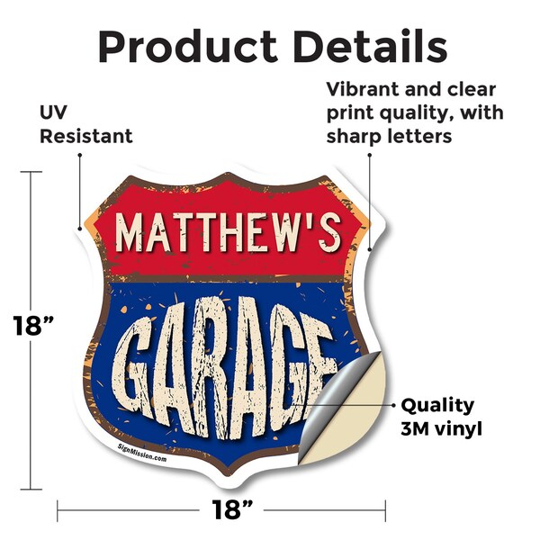 Signmission Matthew's Garage, 18 Inch X 18 Inch, Vinyl Decal - SHI-D-18-383-MATTHEW