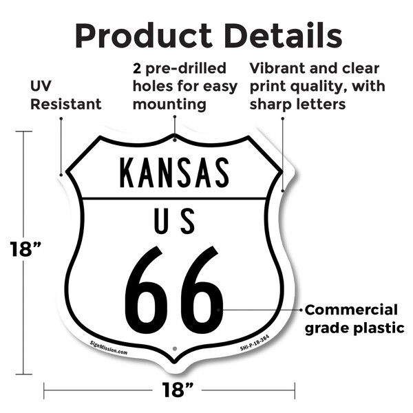 Signmission Kansas Route Marker Shield Sign Us 66, 18 Inch X 18 Inch, Plastic Sign - SHI-P-18-384