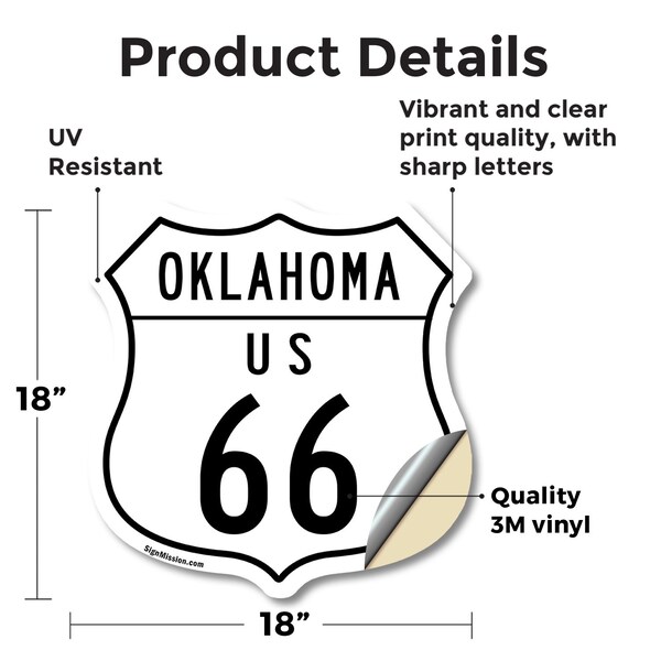 Signmission Oklahoma Route Marker Shield Sign Us 66, 18 Inch X 18 Inch, Vinyl Decal - SHI-D-18-426