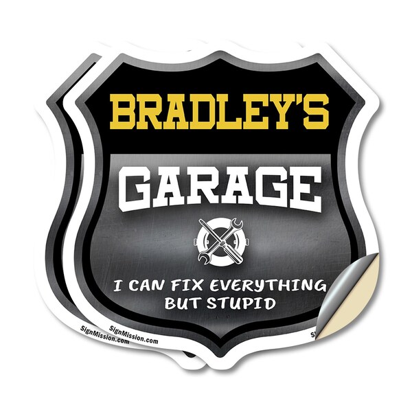 Signmission Bradley's Garage I Can Fix Everything But Stupid, 4 inch X 4 inch, Vinyl Decal, 2PK - SHI-D-2PACK-4-490-BRADLEY