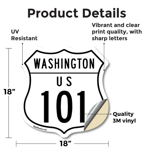 Signmission Washington Route Marker Shield Sign Us 1, 18 Inch X 18 Inch, Vinyl Decal - SHI-D-18-475