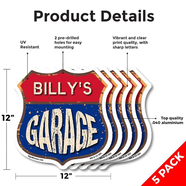 Signmission Billy's Garage, 12 inch X 12 inch, Aluminum Metal Sign, 5PK - SHI-A-5PACK-12-383-BILLY