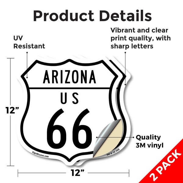 Signmission Arizona Route Marker Shield Sign Us 66, 12 inch X 12 inch, Vinyl Decal, 2PK - SHI-D-2PACK-12-360