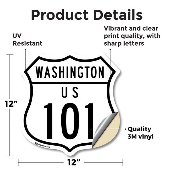 Signmission Washington Route Marker Shield Sign Us 1, 12 Inch X 12 Inch, Vinyl Decal - SHI-D-12-475
