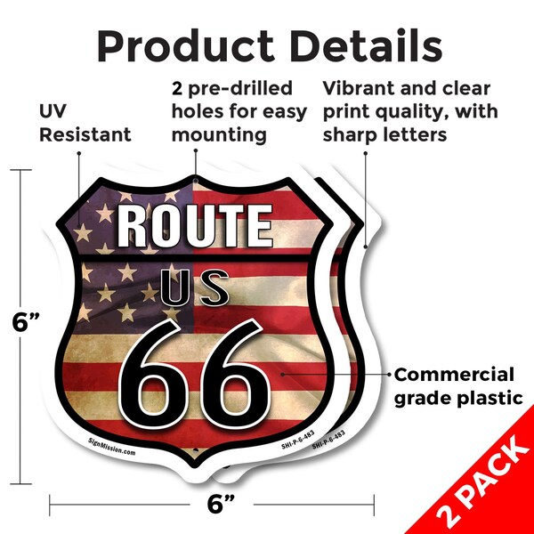 Signmission Route Us 66 Flag, 6 inch X 6 inch, Plastic Sign, 2PK - SHI-P-2PACK-6-483