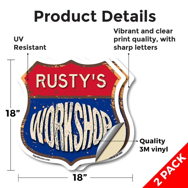 Signmission Rusty's Workshop, 18 inch X 18 inch, Vinyl Decal, 2PK - SHI-D-2PACK-18-489-RUSTY