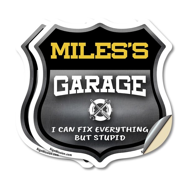 Signmission Miles's Garage I Can Fix Everything But Stupid, 4 inch X 4 inch, Vinyl Decal, 2PK - SHI-D-2PACK-4-490-MILES