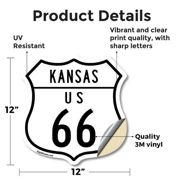 Signmission Kansas Route Marker Shield Sign Us 66, 12 Inch X 12 Inch, Vinyl Decal - SHI-D-12-384