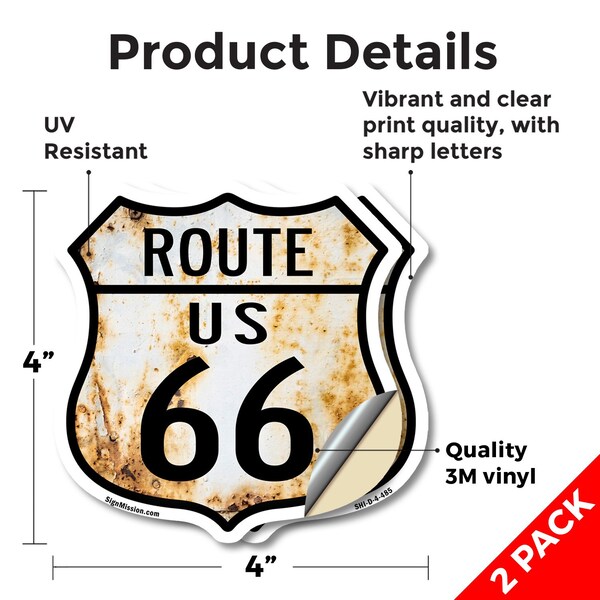 Signmission Route Us 66 Rustic, 4 inch X 4 inch, Vinyl Decal, 2PK - SHI-D-2PACK-4-485