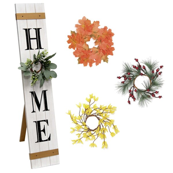 Elegant Designs Seasonal Wooden "Home" Porch Sign with 4 Interchangeable Floral Wreaths, White Wash - HG2011-WBK